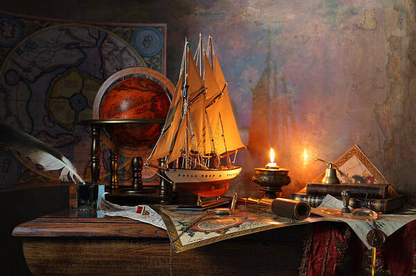 Art Art Print featuring the photograph Still Life With A Sailboat And A Mercator Map by Andrey Morozov