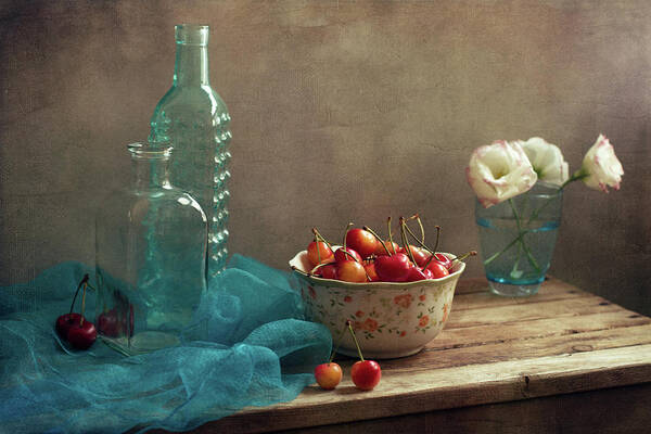 Cherry Art Print featuring the photograph Still Life With Cherries And Blue by Copyright Anna Nemoy(xaomena)