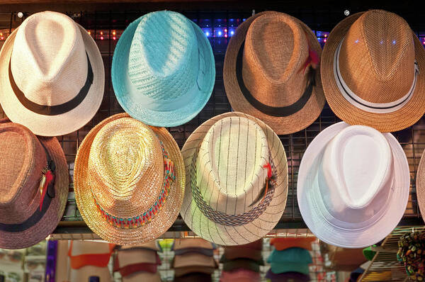 Fedora Art Print featuring the photograph Street Vendors Summer Hat Display by Travelif