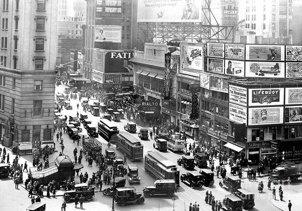 Times Square Art Print featuring the photograph Streetcars Are Part Of The Traffic In by New York Daily News Archive