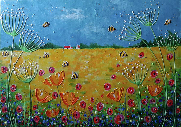 Summer Bumblebees Art Print featuring the painting Summer Bumblebees by Angie Livingstone