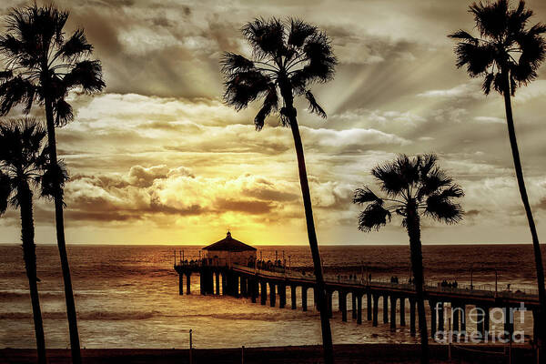 Manhattan Beach California Pier Art Print featuring the photograph Sun Setting On Pier  by Jerry Cowart