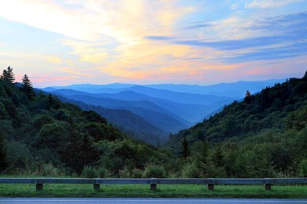 Sunrise At The Oconaluftee Valley Overlook Art Print featuring the photograph Sunrise At The Oconaluftee Valley Overlook by Carol Montoya