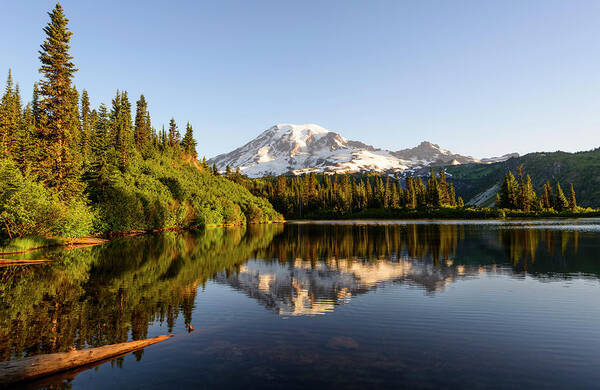 Outdoor; Mountain; Lake; Tree; Reflection; Sunrise Art Print featuring the digital art Sunrise in Mt Rainier by Michael Lee