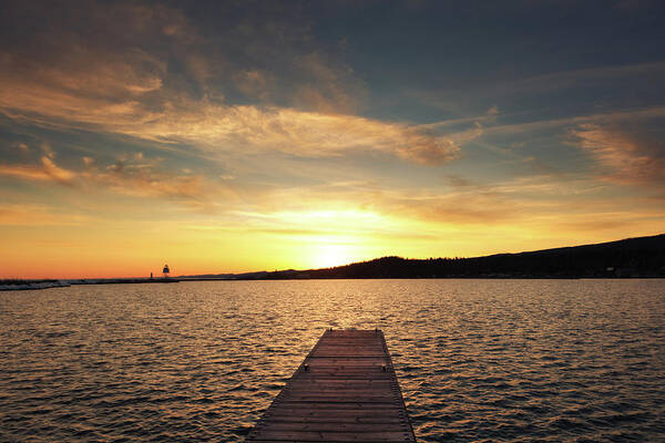 Water's Edge Art Print featuring the photograph Sunset At Dock On Lake Superior North by Yinyang