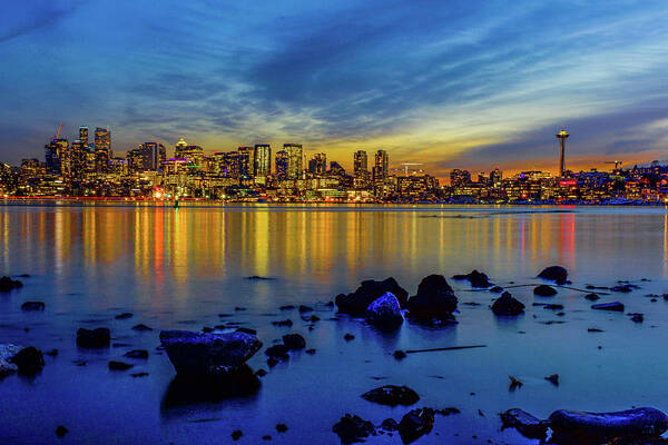 Gas Works Park Art Print featuring the photograph Seattle Sunset Reflections by Emerita Wheeling