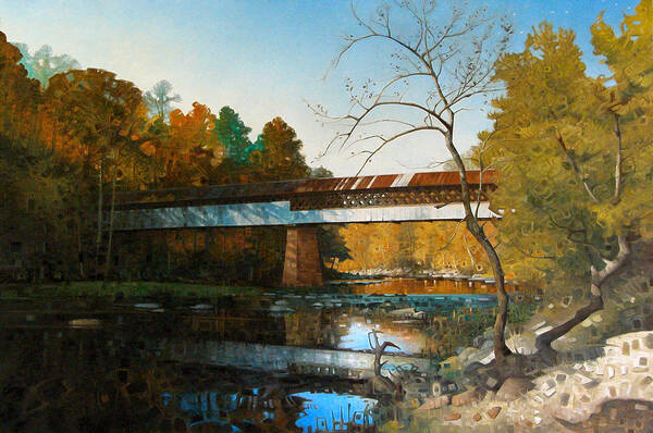 Covered Bridge American Landscape Autumn River Bridges Fine Art Oil Painting Art Print featuring the painting Swann Covered Bridge In Early Autumn by T S Carson