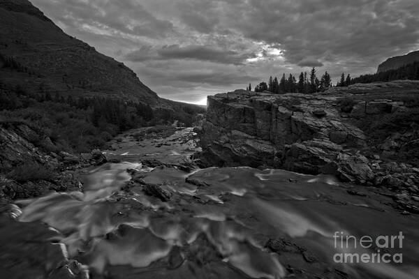 Swiftcurrent Falls Art Print featuring the photograph Swiftcurrent Falls Sunrise Burst Black And White by Adam Jewell
