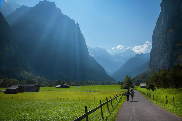 Travel Art Print featuring the photograph Swiss Hikers In Lauterbrunnen Switzerland by Owen Weber