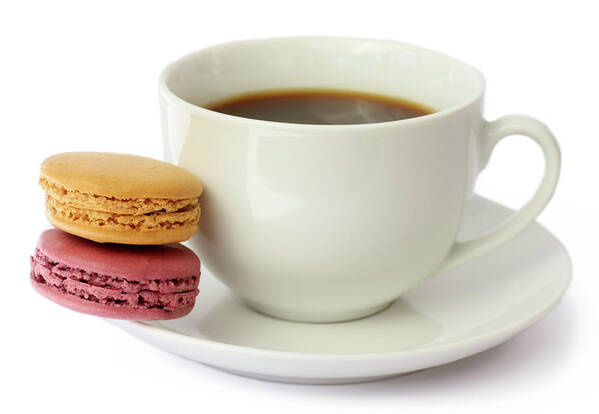 Unhealthy Eating Art Print featuring the photograph Tempting Macaroon Snack With Coffee by Rosemary Calvert