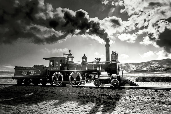 The 119 Union Pacific Engine Art Print featuring the photograph The 119 Union Pacific Rogers In Black And White by Garry Gay