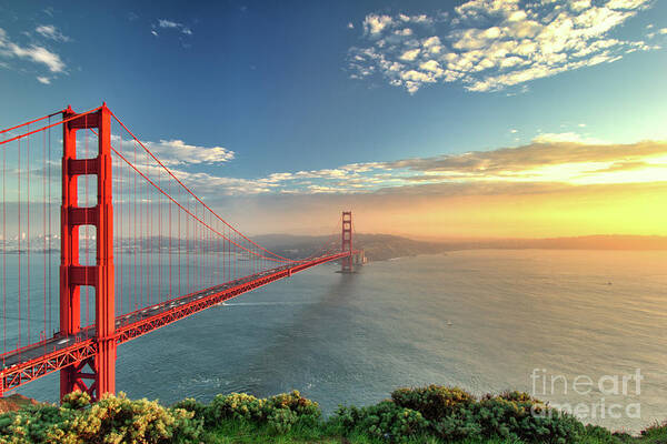 Scenics Art Print featuring the photograph The Golden Gate Bridge During Sunset In by Prab S