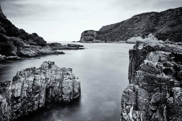 Water's Edge Art Print featuring the photograph The Heads In Knysna - Monochrome by Funky-data