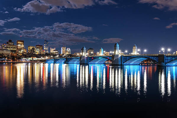 Boston Art Print featuring the photograph The Longfellow Bridge Lit up at Night Boston MA Reflection by Toby McGuire