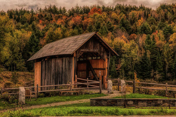 Autumn Foliage New England Art Print featuring the photograph The Martin covered bridge in Marshfield VT. by Jeff Folger