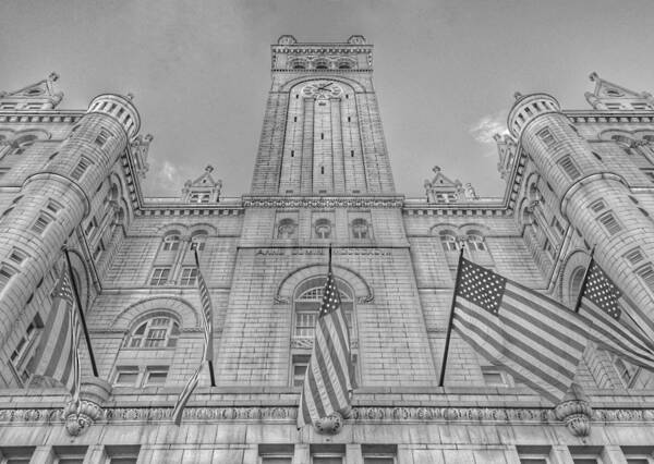 Old Post Office Art Print featuring the photograph The Old Post Office now Trump International Hotel in Washington D.C. - Black and White by Marianna Mills