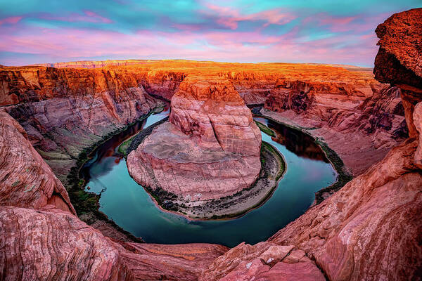Horseshoe Bend Wall Art Art Print featuring the photograph The Punch Bowl - Vibrant Morning at Horseshoe Bend by Gregory Ballos