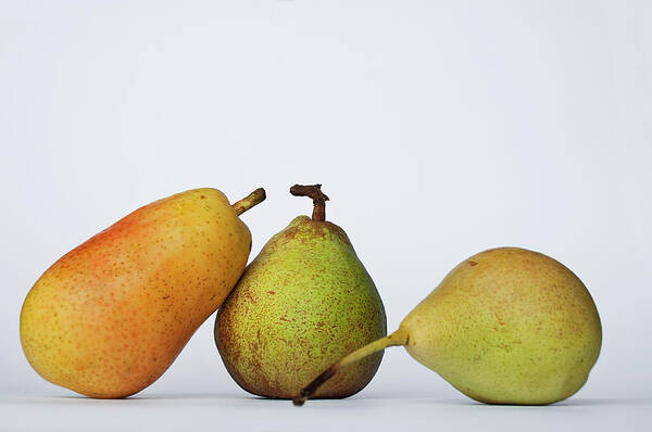 Healthy Eating Art Print featuring the photograph Three Diferent Pears Isolated On Grey by Irantzu Arbaizagoitia Photography