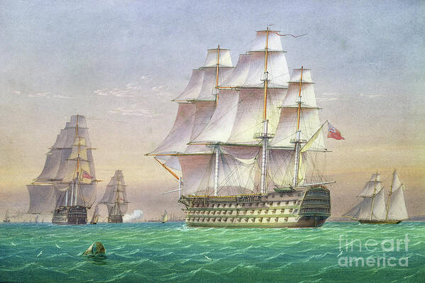Boat Art Print featuring the painting Three First Rate Ships Of The Line Entering Portsmouth Harbour by John Joy