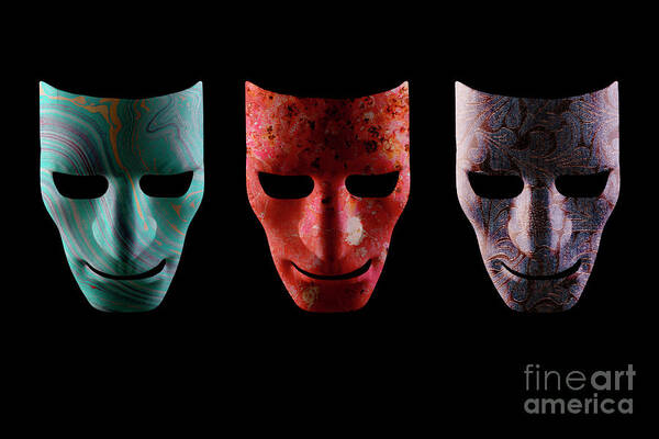 Mask Art Print featuring the photograph Three textured AI robotic face masks by Simon Bratt
