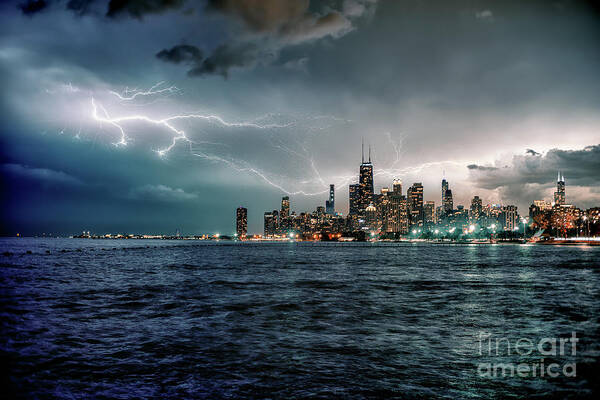 Chicago Art Print featuring the photograph Thunder and Lightning in the Dark City II by Bruno Passigatti