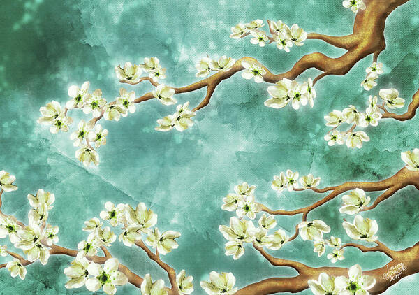 Cherry Blossoms Art Print featuring the digital art Tranquility Blossoms in Teal by Laura Ostrowski