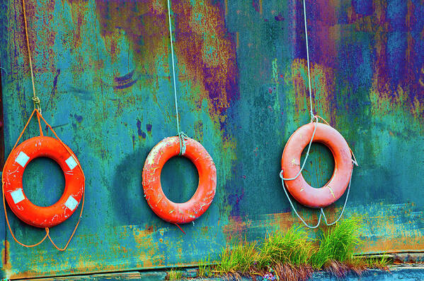 Life Buoys Art Print featuring the photograph Trio of Life Buoys by Dee Browning