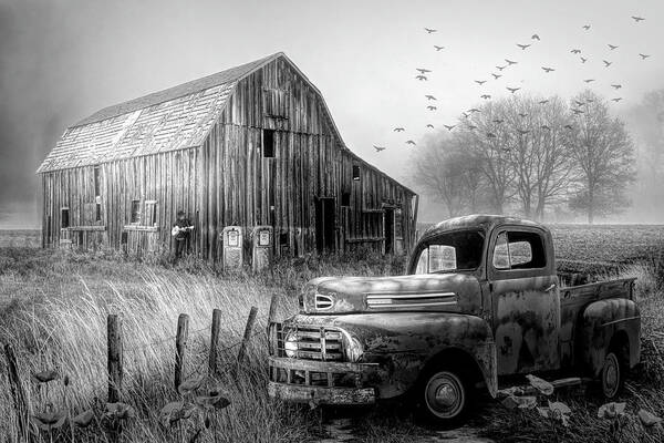 1951 Art Print featuring the photograph Truck in the Fog in Black and White by Debra and Dave Vanderlaan