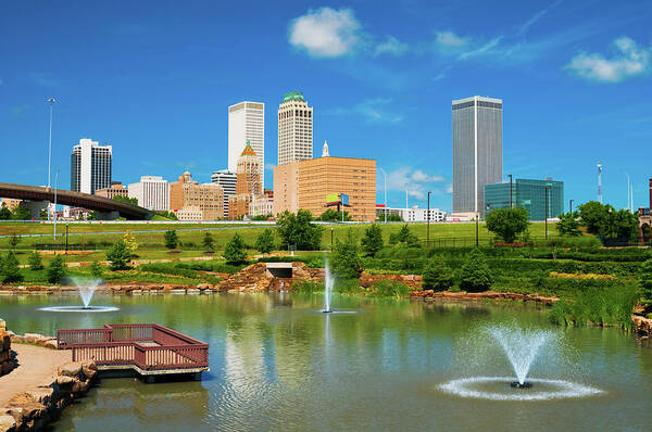 Grass Art Print featuring the photograph Tulsa Skyline, Pond, And Fountains by Davel5957