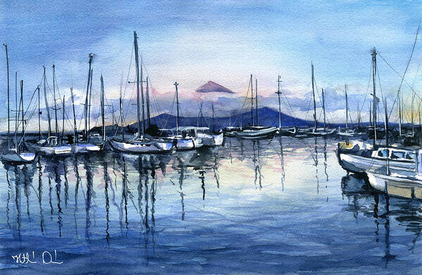 Marina Art Print featuring the painting Twilight at Horta Azores by Dora Hathazi Mendes