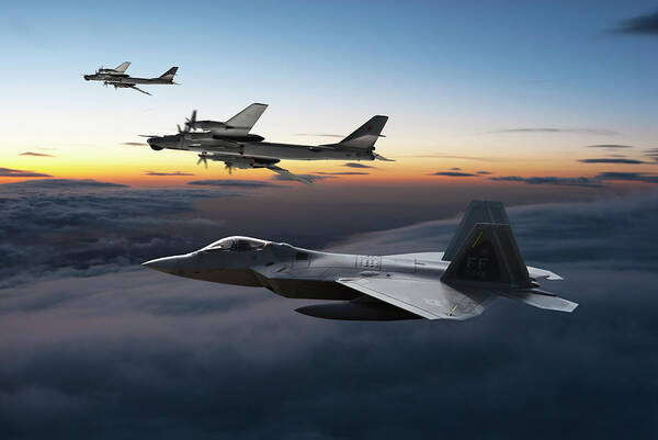 U.s. Air Force Art Print featuring the digital art Twilight Intercept - F-22A Raptor and Russian Bears by Erik Simonsen