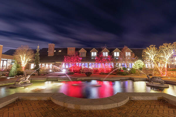 Turtle Fountain Reflection Christmas Holiday Lights Night Sky Outside Outdoors Ma Mass Massachusetts Brian Hale Brianhalephoto Stars Clouds Art Print featuring the photograph Twin Turtles Twinkling by Brian Hale