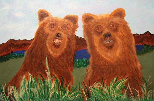 Bears Art Print featuring the painting Two Bears in a Meadow by Bill Manson