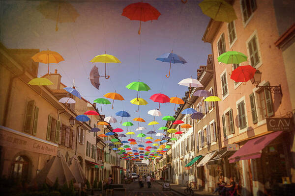 Geneva Art Print featuring the photograph Umbrella Street Carouge Geneva Switzerland by Carol Japp