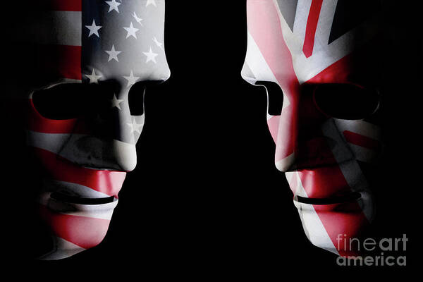 Mask Art Print featuring the digital art USA and GB head to head flag faces by Simon Bratt
