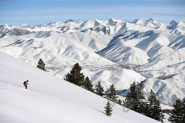 Ski Pole Art Print featuring the photograph Usa, Idaho, Sun Valley, Man Downhill by Karl Weatherly