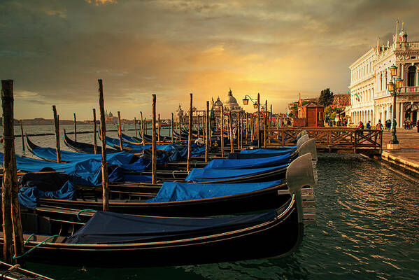 Venetian Gondolas Art Print featuring the photograph Venetian Gondolas In The Sunset by Anette Ohlendorf