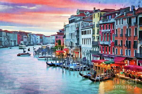 Venice Art Print featuring the painting Venice, Grand Canal at sunset by Delphimages Photo Creations
