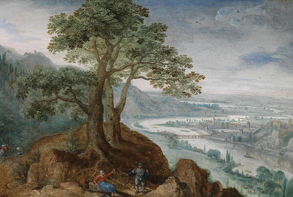 16th Century Art Art Print featuring the painting View from Postlinberg to the City of Linz with a Farmer's Wife by Frederik van Valckenborch
