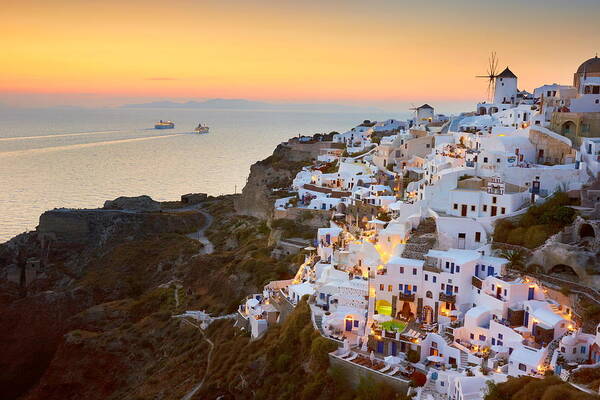 Cityscape Art Print featuring the photograph View Of Oia Town And Windmills by Jan Wlodarczyk