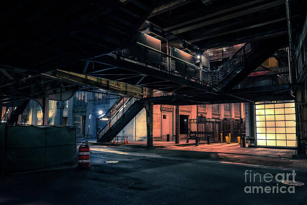 Bridge Art Print featuring the photograph Vintage Chicago L Station at Night by Bruno Passigatti