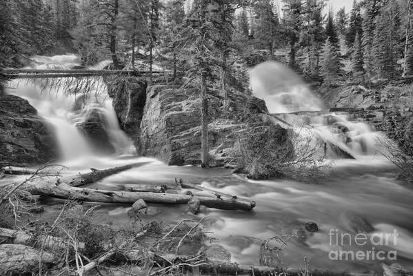 Twin Falls Art Print featuring the photograph w Medicine Twin Falls Black And White by Adam Jewell