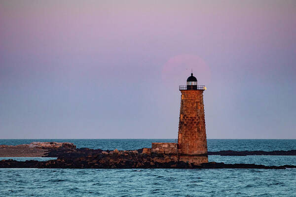 Whaleback Lighthouse Art Print featuring the photograph Whaleback Lighthouse Full moon Rising by Jeff Folger