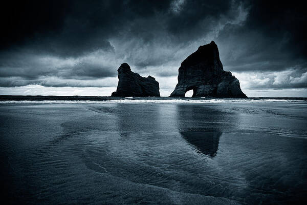 Water's Edge Art Print featuring the photograph Wharariki Beach, Toned Image by Dan prat