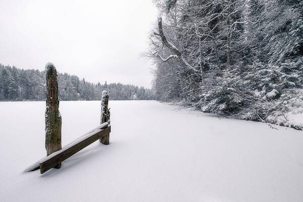 Landscape Art Print featuring the photograph White Snowy Landscape With Wooden Fence by Jani Riekkinen
