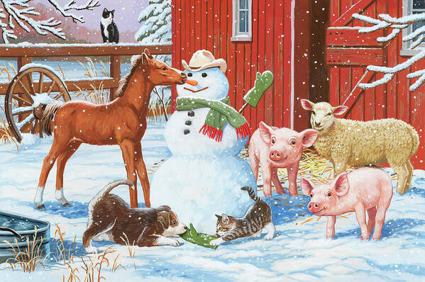 Winter Barnyard Scene Art Print featuring the painting Winter Barnyard Scene by William Vanderdasson