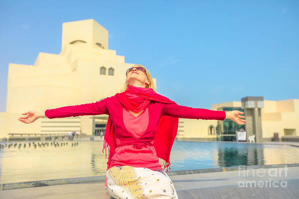 Doha Art Print featuring the photograph Woman at Doha museum by Benny Marty