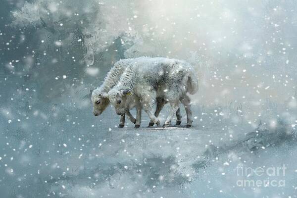 Yaks Art Print featuring the mixed media Yaks Calves in a Snowstorm by Eva Lechner