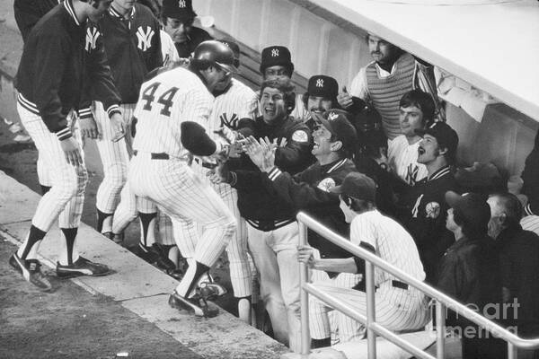 Following Art Print featuring the photograph Yankees Congratulating Reggie Jackson by Bettmann