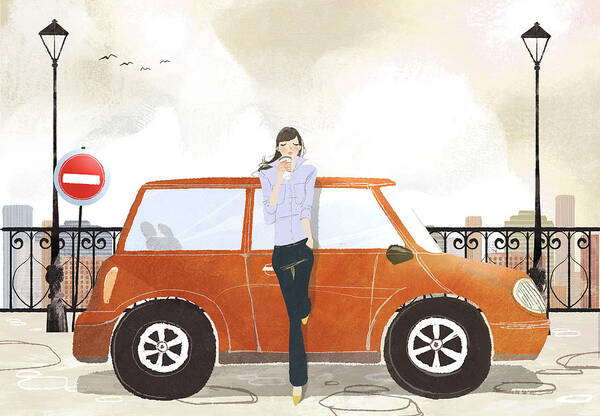 People Art Print featuring the digital art Young Woman Standing In Front Of Car by Eastnine Inc.